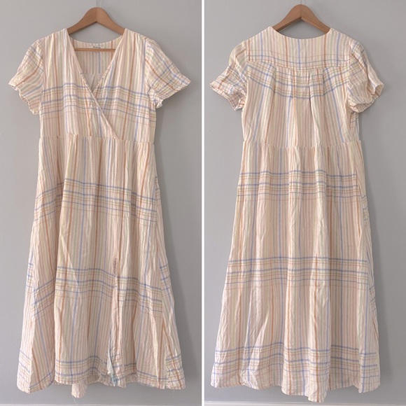 Madewell Clara linen blend cream pastel plaid midi dress with pockets medium - Picture 2 of 6